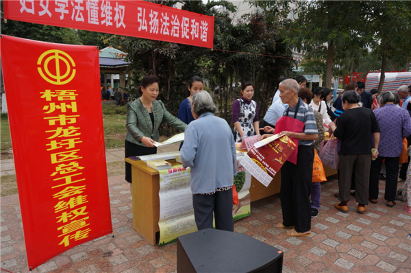 龍圩區(qū)總工會在2015年3月開展迎&ldquo;三八&rdquo;婦女維權(quán)月普法活動，以&ldquo;婦女法治懂維權(quán)，頌揚法治促和諧&rdquo;為指導(dǎo)思想，開展了以&ldquo;